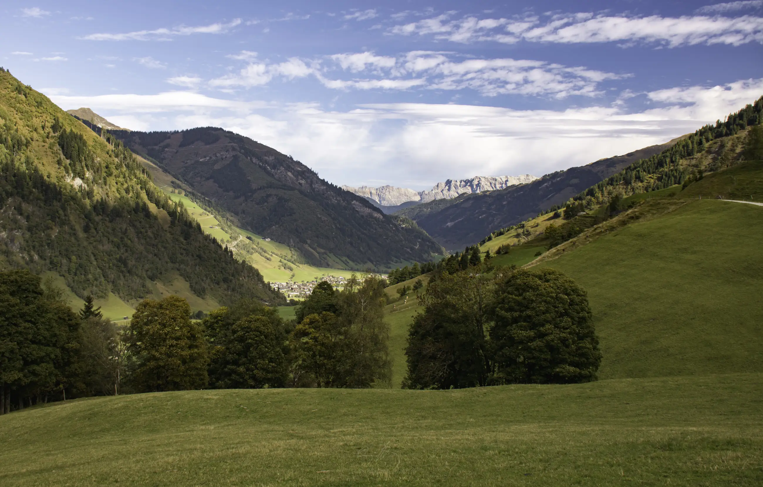 A scenic landscape with rolling green hills, scattered trees, and a village nestled in a valley below tall, forested mountains under a partly cloudy blue sky. Snow-capped peaks are visible in the distance.