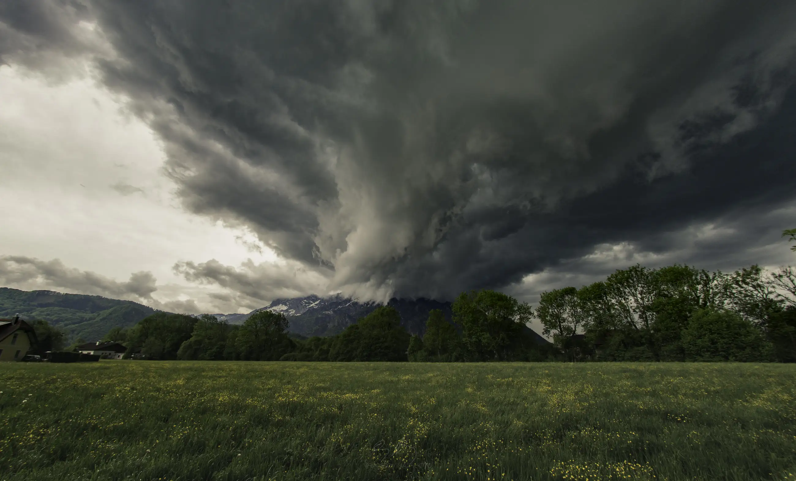 Dark storm clouds swirl dramatically over a grassy field with yellow flowers, trees, and distant mountains, creating a striking and ominous sky above a peaceful landscape.