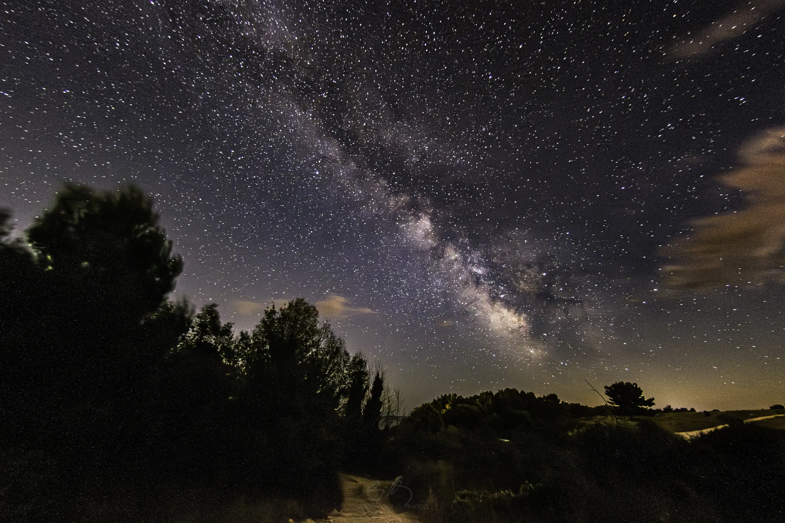 A star-filled night sky with the Milky Way galaxy stretching diagonally above silhouetted trees and a softly lit landscape. Wispy clouds are scattered across the horizon.