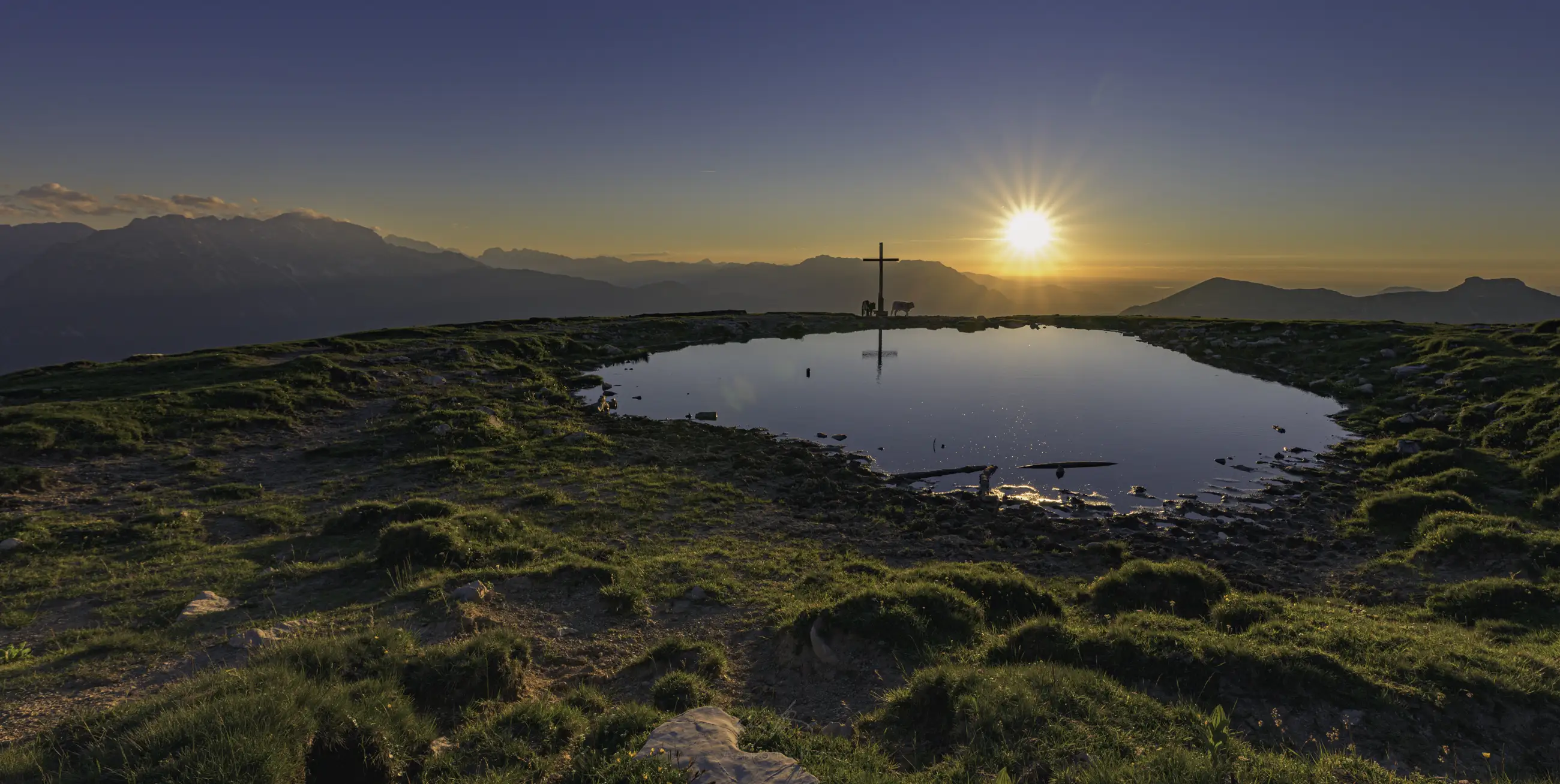 Mountain panorama at sunset, with grass and a pond in the front, cross and 2 cows in the center behind the pond.