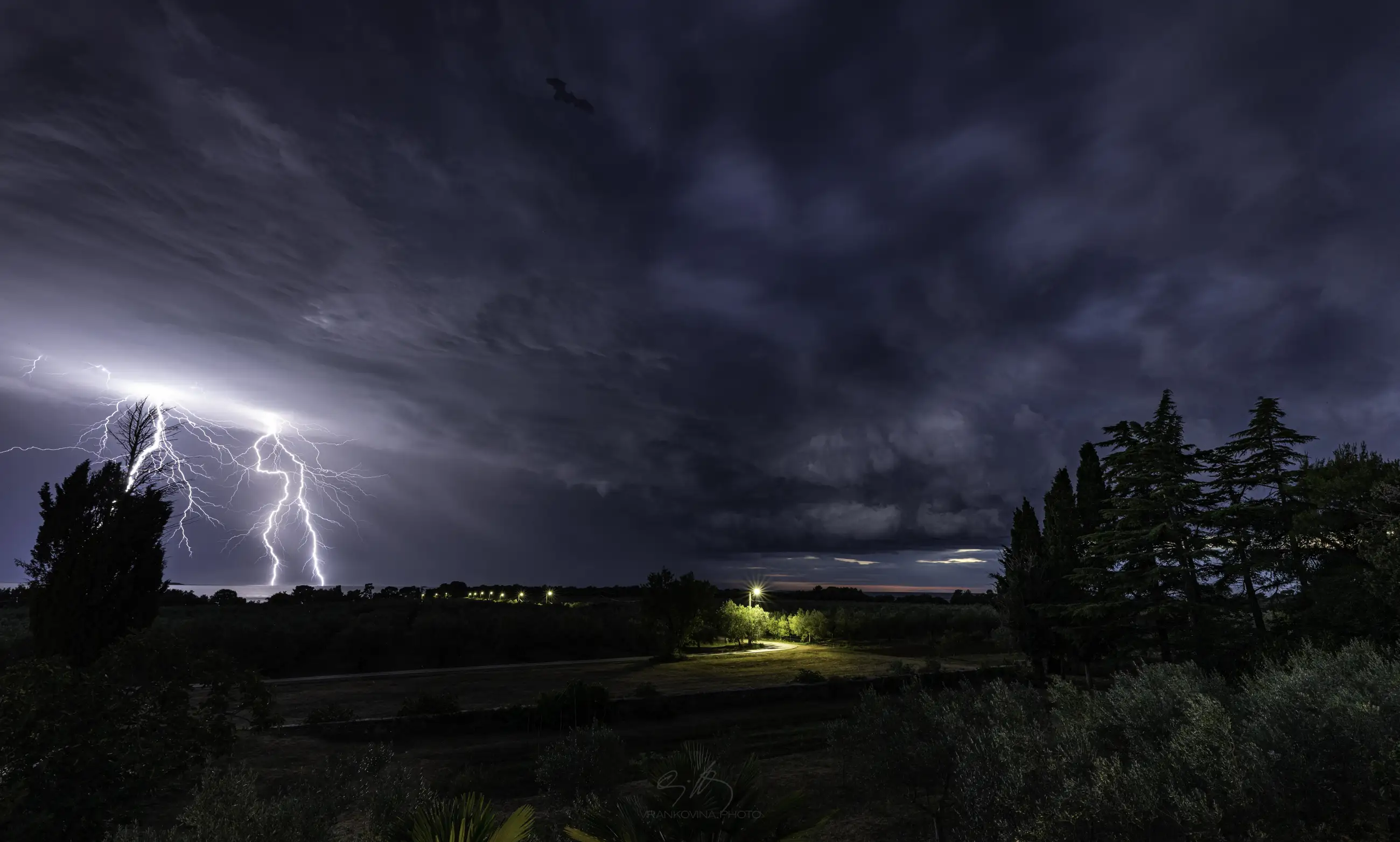 Lightning strikes down from dark storm clouds at night, illuminating the sky above a rural landscape with trees, a field, and a row of distant lights along a road.