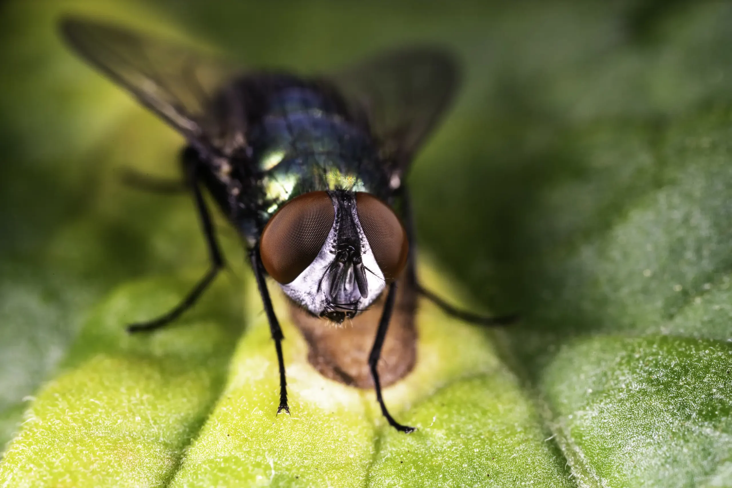 Close-up of a housefly with large red eyes and translucent wings, standing on a green leaf with a yellow vein running through it. The image highlights the fly’s detailed features and vibrant colors.