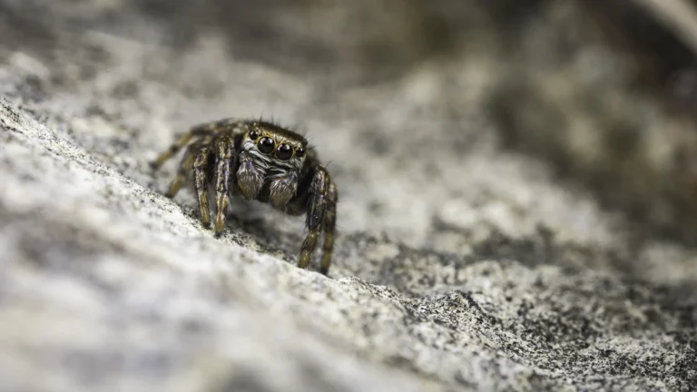 A close-up of a small brown jumping spider with large eyes standing on a textured, grayish rock surface in a natural outdoor setting. The background is blurred.