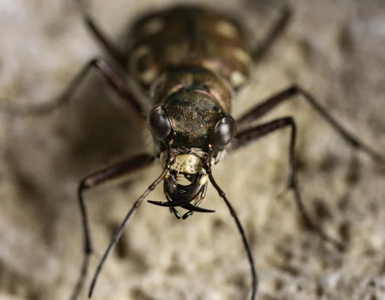 Close-up of a metallic green tiger beetle on a sandy surface, showing its large eyes, mandibles, and detailed body textures.